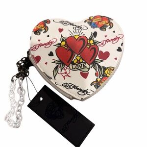 Ed Hardy Heart-Shaped Clutch in White with Red and Black Accents